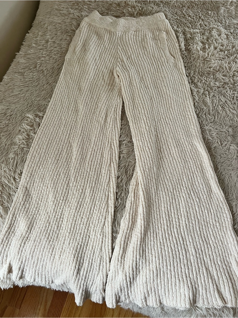 Free People Cream Ribbed Wide-Leg Lounge Pants